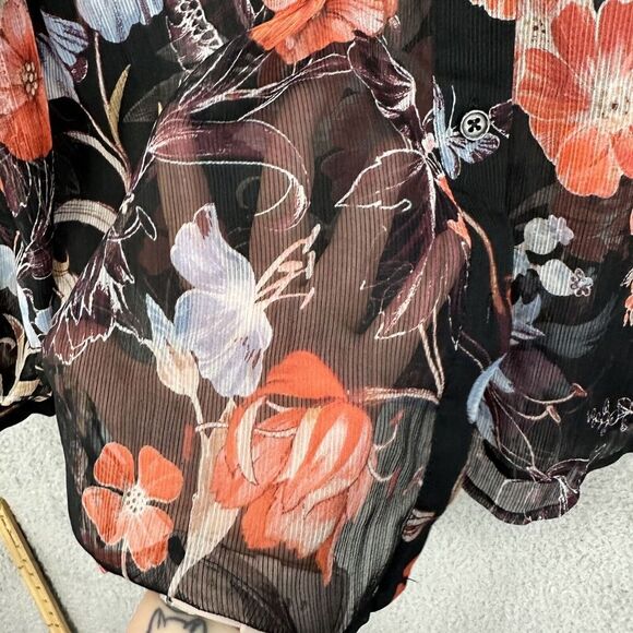 Who What Wear Button Up Top Women Small Black Floral‎ Sheer Oversized Boho Art - Picture 4 of 8